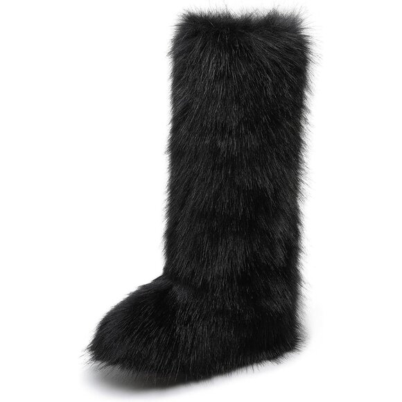 ⚡Women Black Faux Fur Fluffy Cosy Round Toe Knee High Warm Outdoor Fur Boot - Picture 1 of 7
